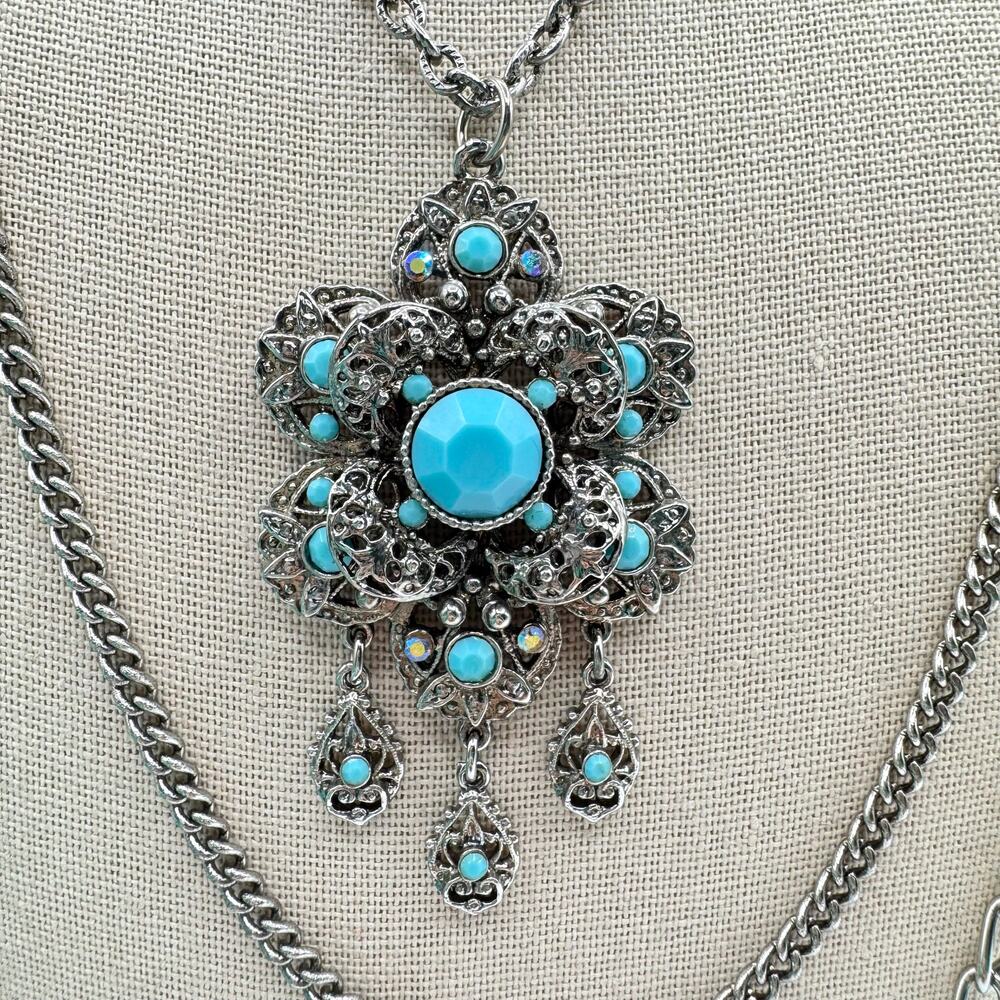 Vintage Ornate Filigree Floral Pendant Multistrand Necklace 60s 70s Statement